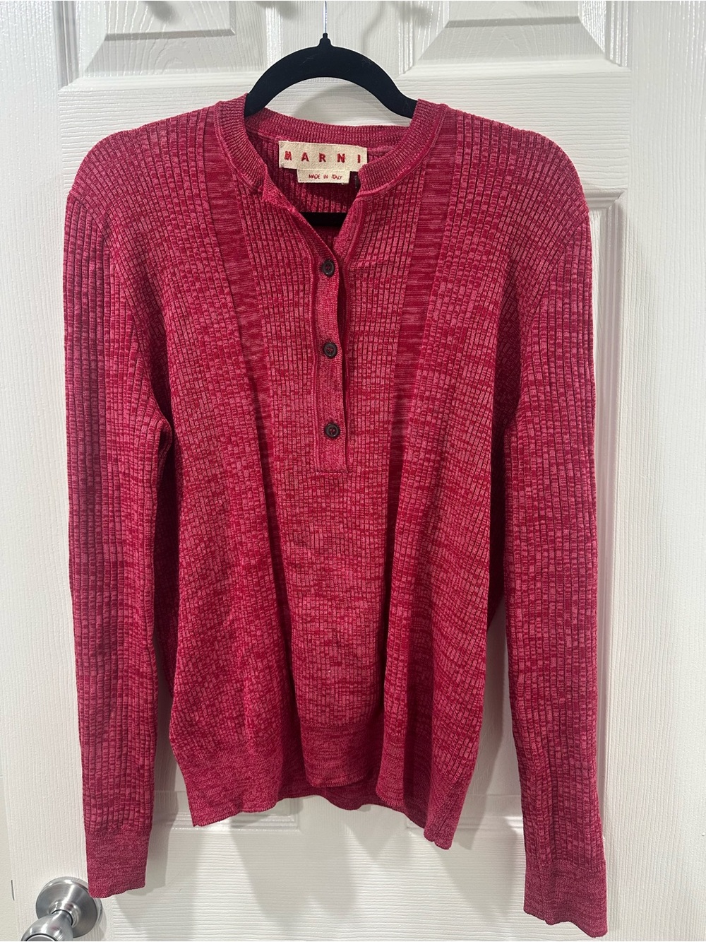 Marni Pink-Red Ribbed Button Henley Sweater